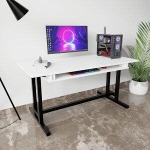 DeepZone White Office Desk – Engineered Wood Study Table with Black Metal Frame & Storage Shelf for Home, Work & Laptop Use
