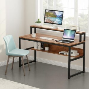 DeepZone Office Desk with Monitor Stand – Modern Study Table with Open Storage Shelf & Sturdy Metal Frame for Work from Home & Students