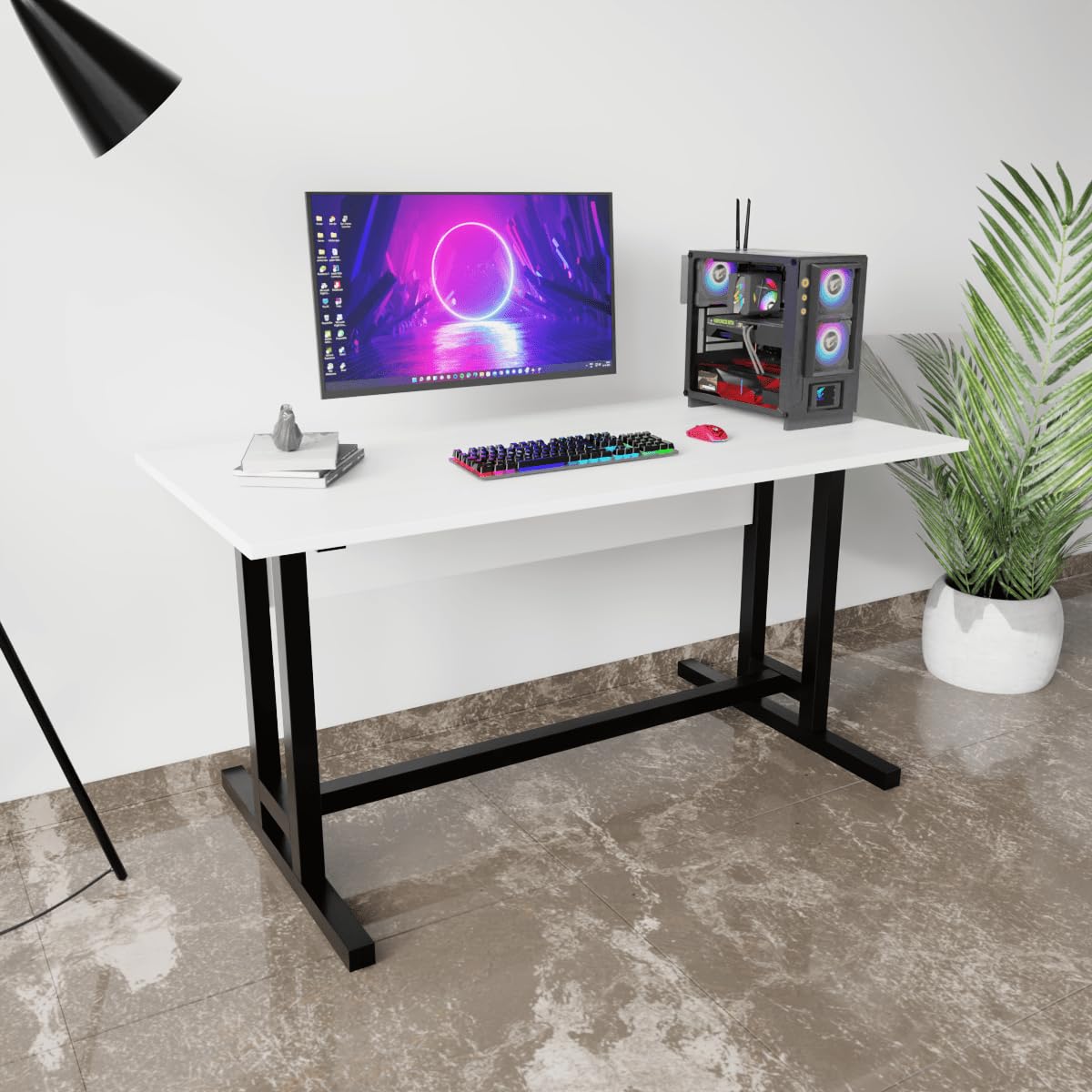 DeepZone T-Leg Gaming Desk – Wide Computer Table for Home Office, Study & Workstation Setup (White Top, Black Frame)