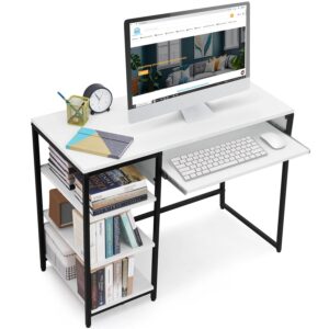 DeepZone Multipurpose Computer Desk with Bookshelf & Keyboard Tray – White Engineered Wood Study Table with Black Metal Frame for Home Office, Work & Study