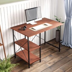 DeepZone Wooden Study Desk with 3-Tier Storage Shelves – Compact Computer Table for Home Office, Laptop & Workstation Use (Rustic Brown & Black Metal Frame)