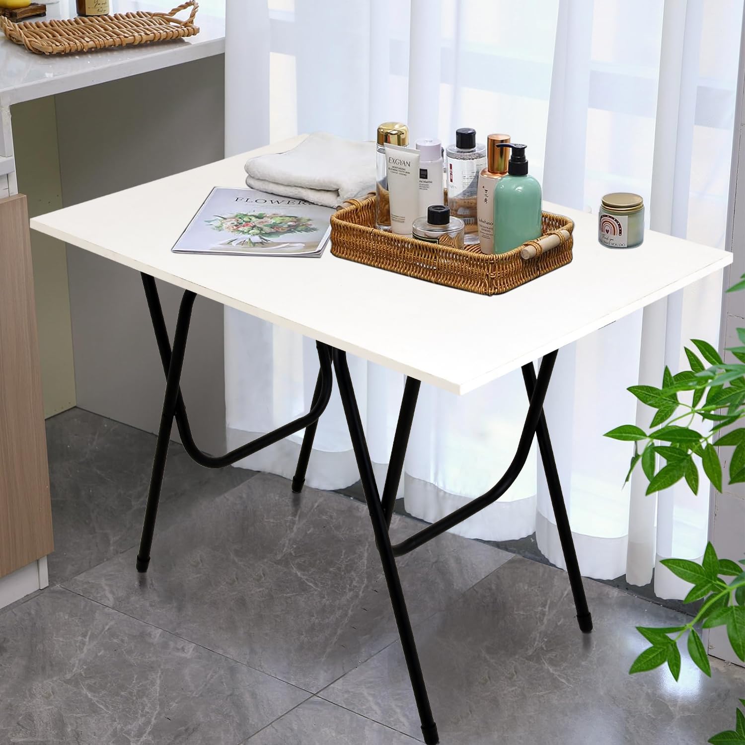 DeepZone Foldable Multipurpose Table – Portable Utility Desk with White Top & Black Metal Legs for Study, Dining, Craft, Office & Home Use - Image 3