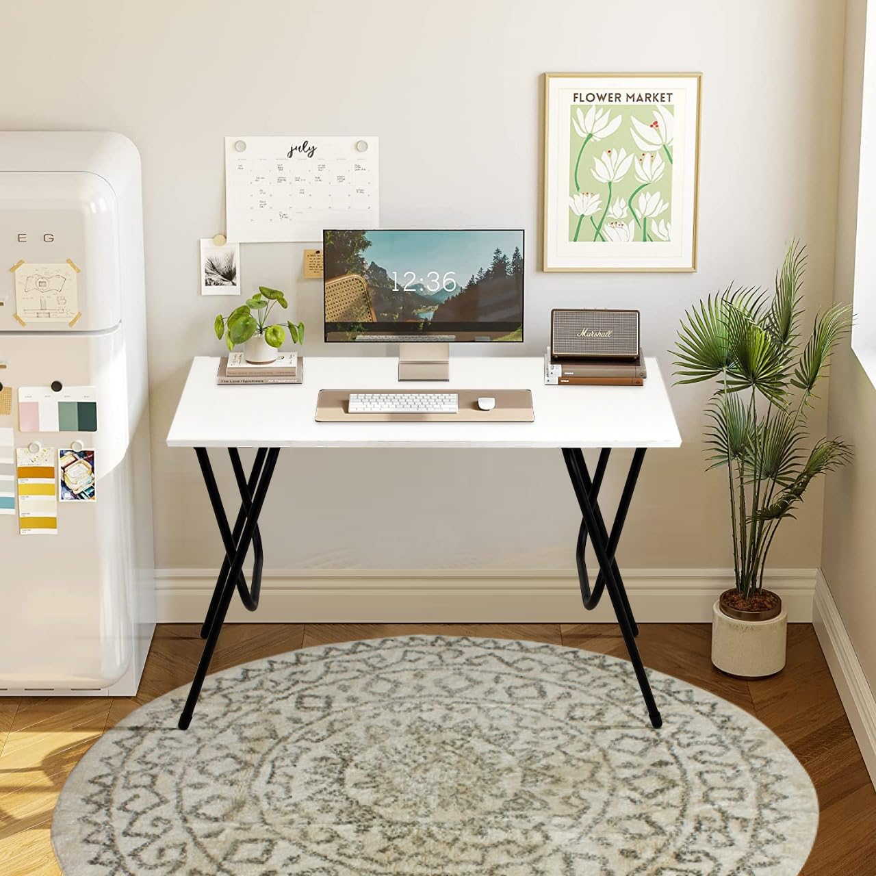 DeepZone Foldable Multipurpose Table – Portable Utility Desk with White Top & Black Metal Legs for Study, Dining, Craft, Office & Home Use