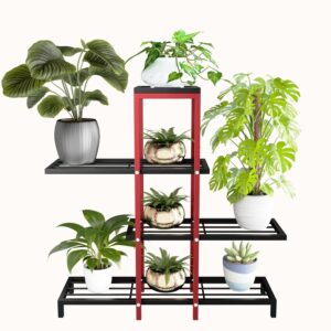 DeepZone Modern Plant Display Rack – 5-Tier Black & Red Metal Plant Stand for Home, Office & Garden