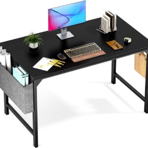 DeepZone Black Office Desk with Storage Pockets – Modern Computer Table with Metal Frame for Home, Study & Workstation Setup