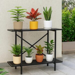 DeepZone 2-Tier Metal Plant Stand – Outdoor Indoor Flower Pot Rack for Balcony, Garden & Patio Décor