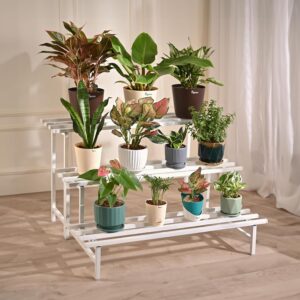 DeepZone 3-Tier White Metal Plant Stand – Indoor/Outdoor Step Shelf Rack for Multiple Flower Pots, Balcony, Garden & Home Decor Display