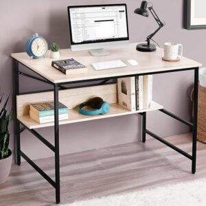 DeepZone Study & Computer Desk with Storage Shelf – Modern Writing Table for Home Office, Workstation, Laptop & Study Use (Wood Finish & Black Metal Frame)