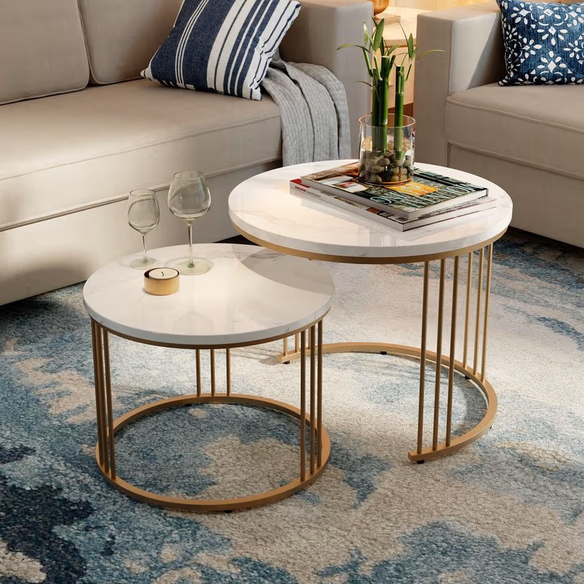 Frappe Coffee Table - Marble Finished Top with Metal Base Modern Round Nesting Tables – Set of 2